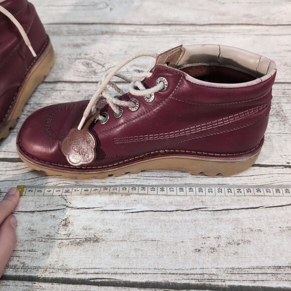 Kickers Kick Hi Boots Burgundy Leather Lace-Up Ankle Boots – Unisex - Picture 9 of 12